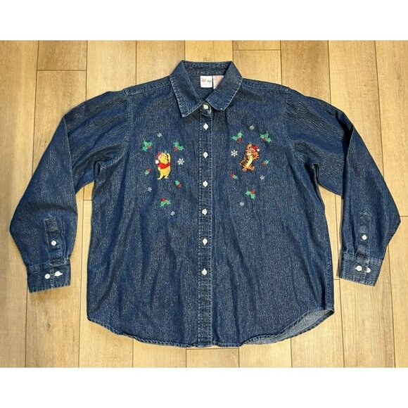 VTG Disney Womens XL Winnie the Pooh Tigger Button Up Denim Shirt Christmas - Picture 1 of 6